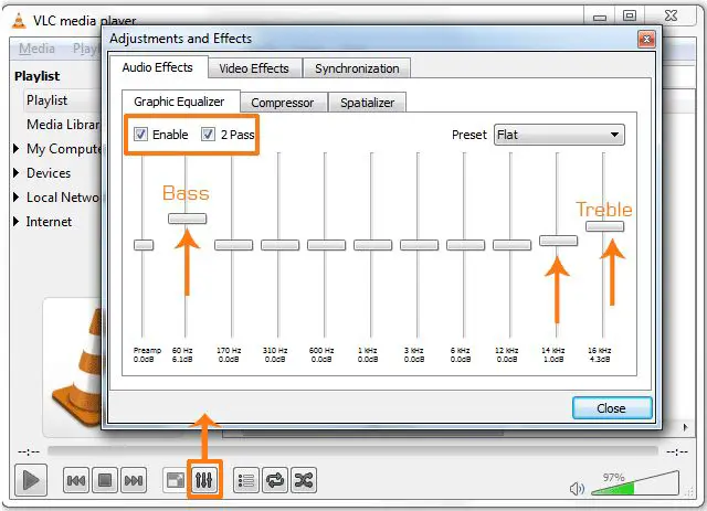 How do I lower the bass in VLC?