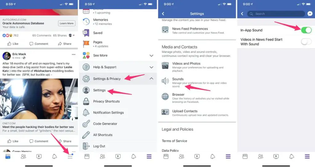 How do I turn off the beep sound on Facebook?