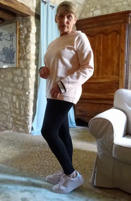 Trying on leggings with a longer top