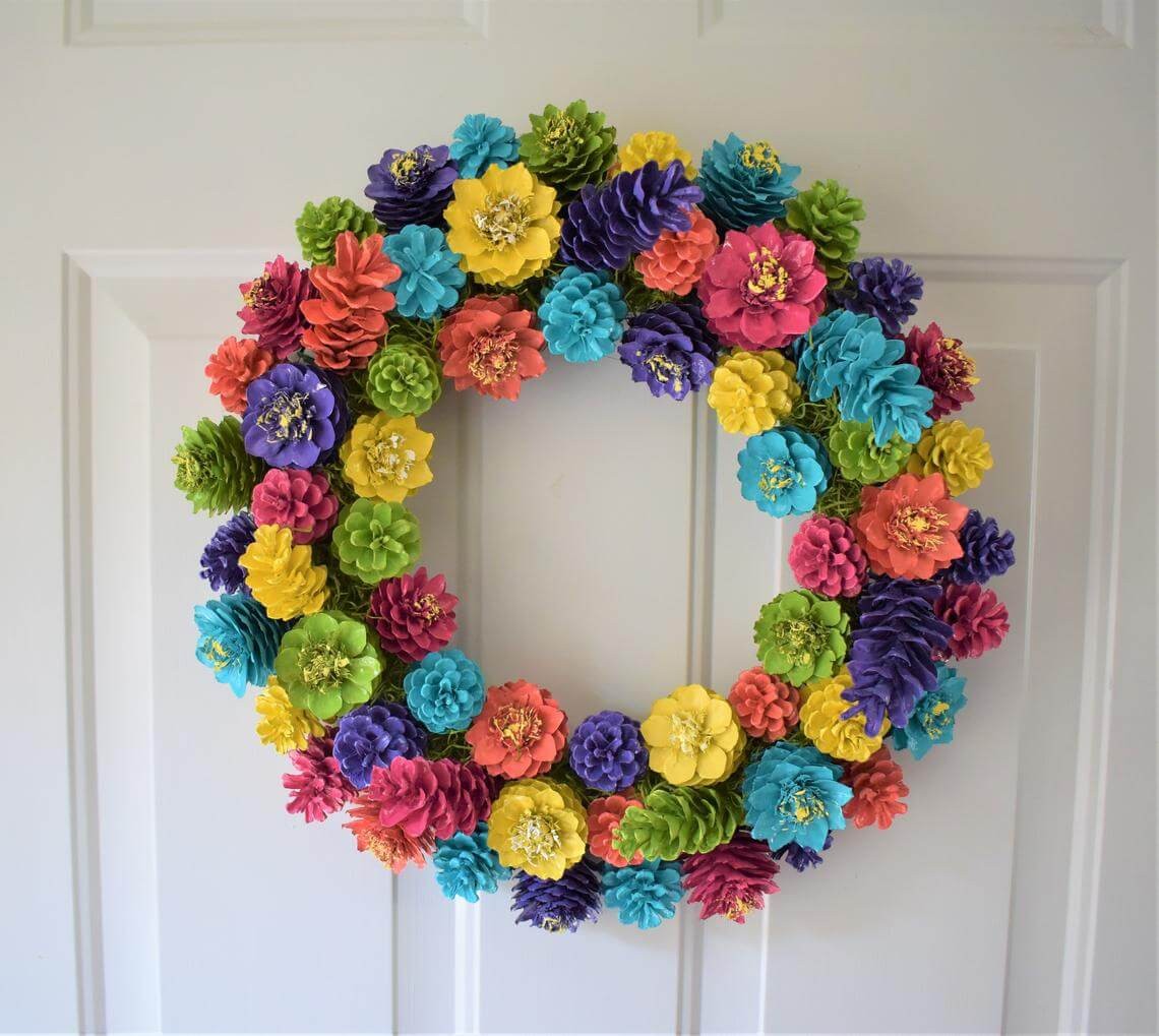 Colorful Pine Cone Flower Wreath