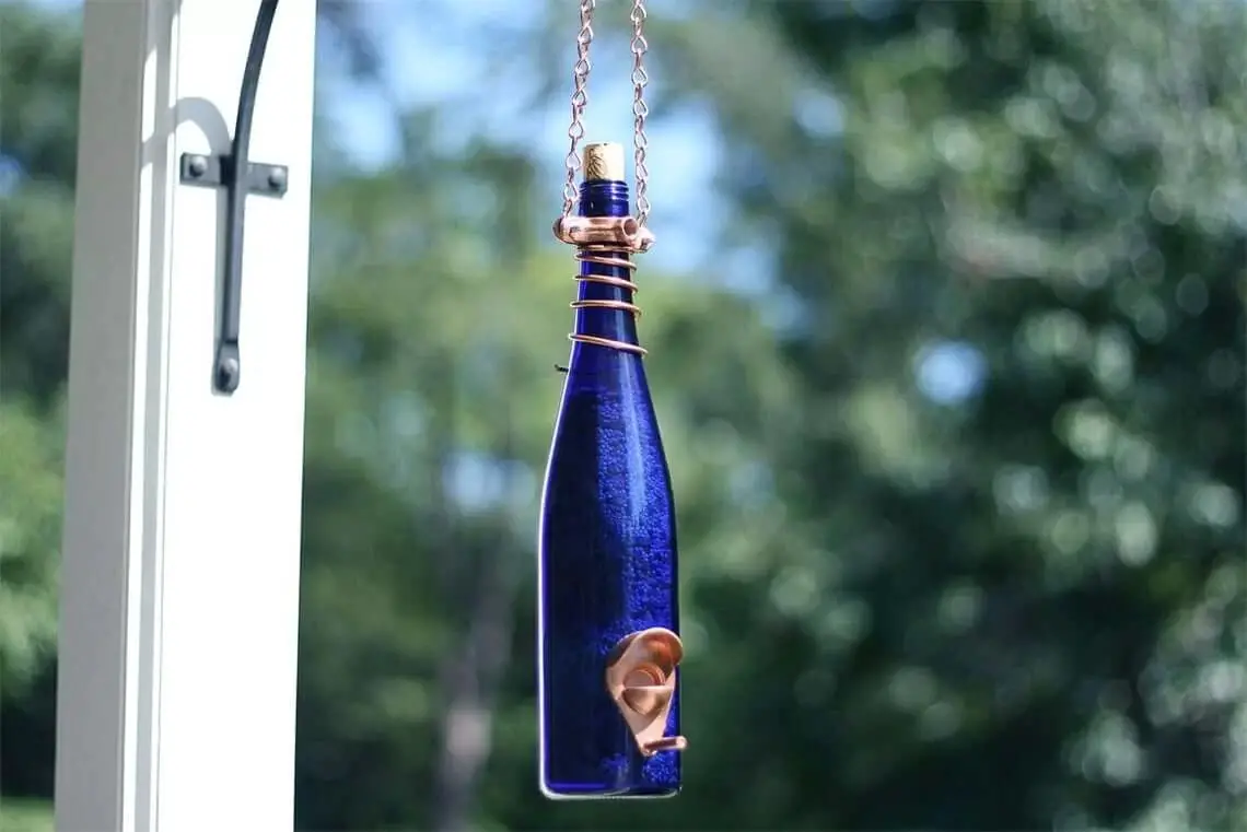 Cobalt Blue Bottle Bird Feeder with Copper Trim