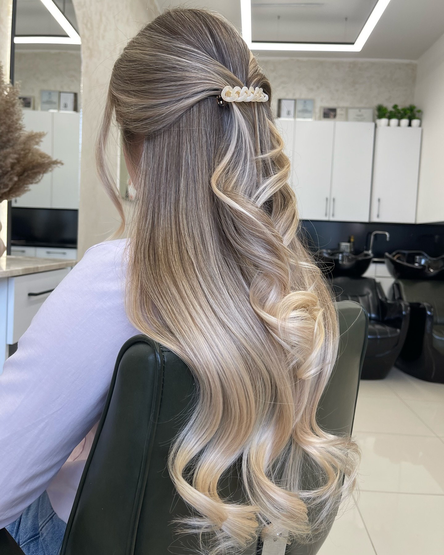 Half-Up Ash Blonde with Curls