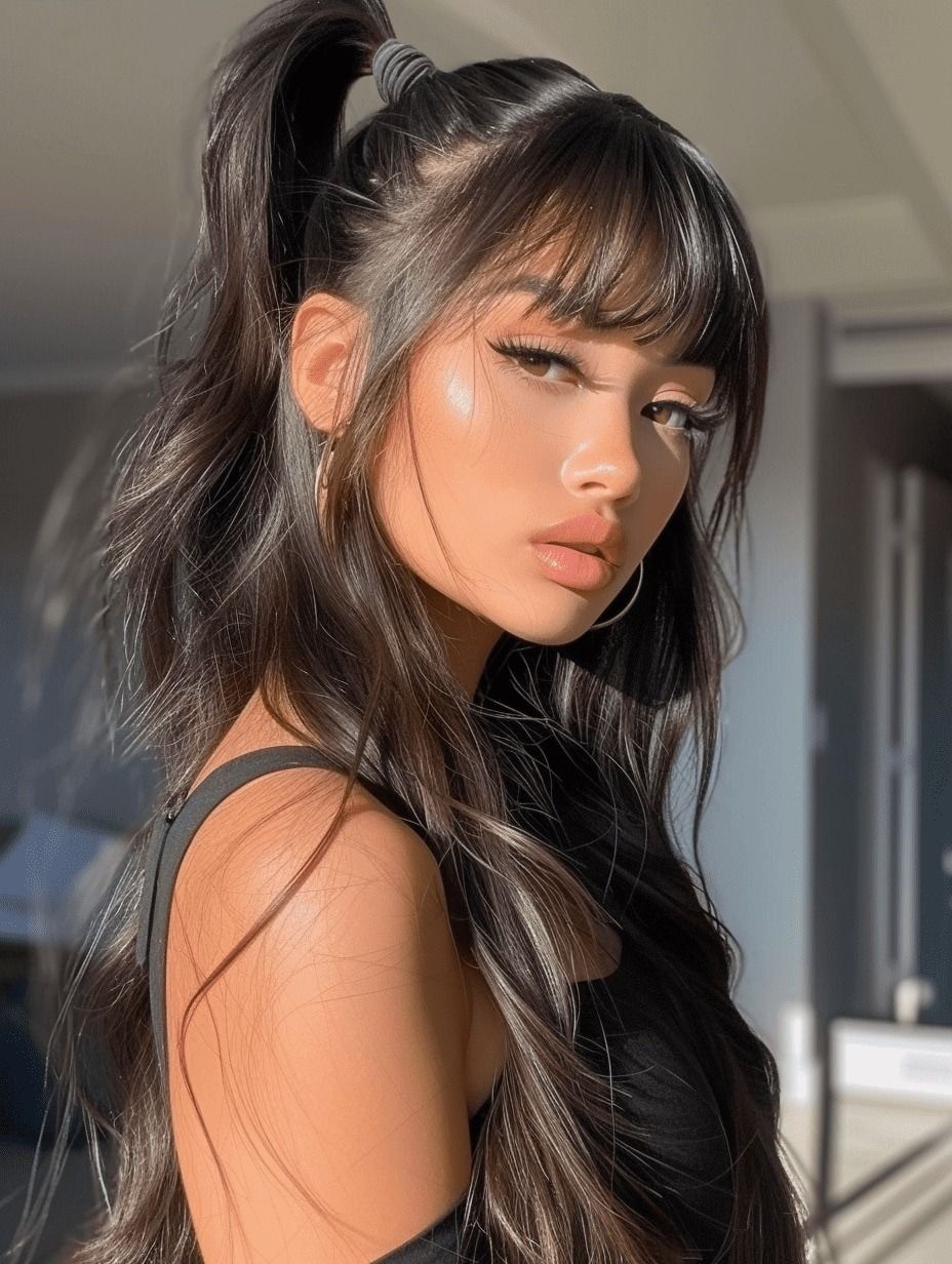 Trendy High Ponytail with Curly Bangs