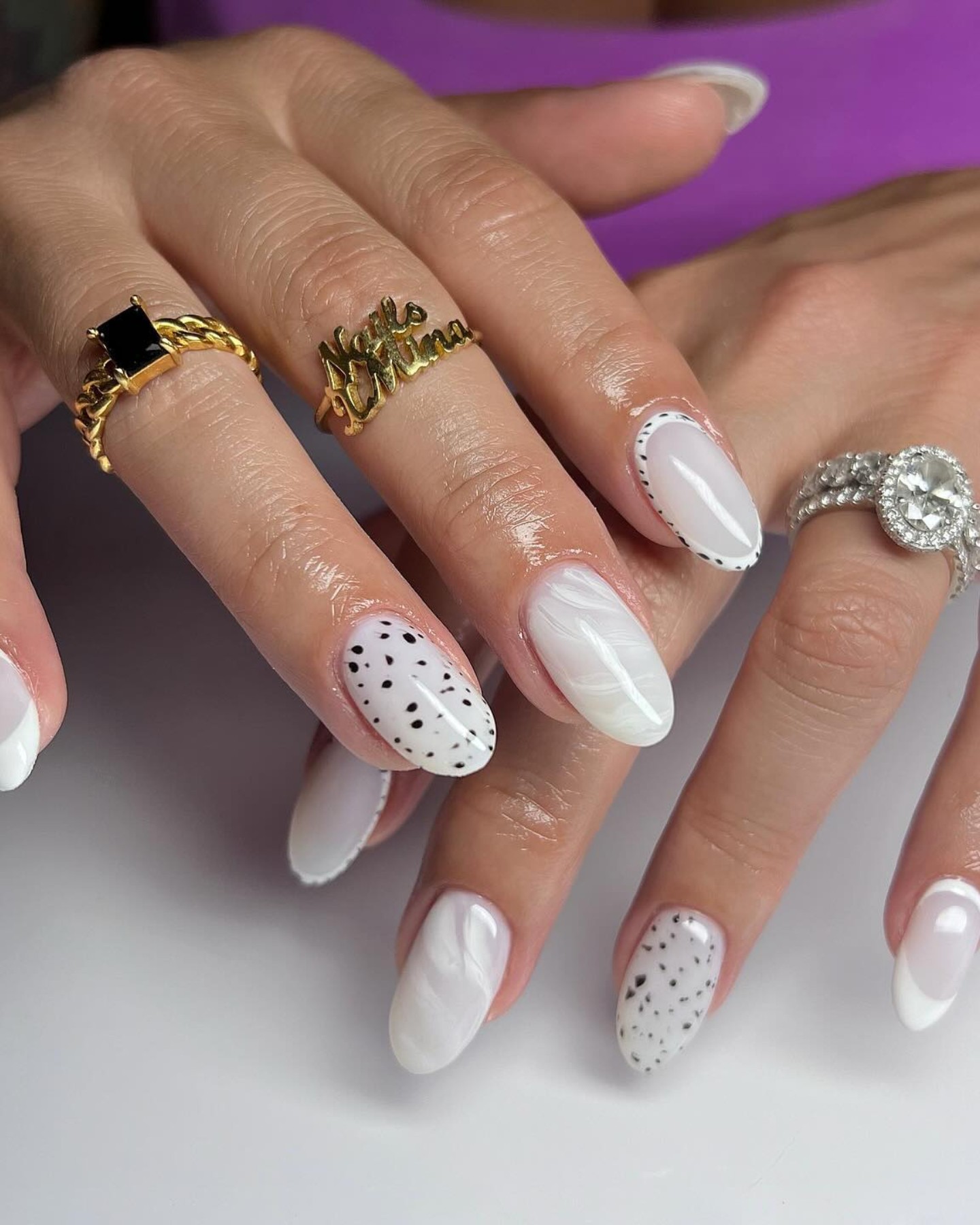 Polka Dot and Marble White Nails