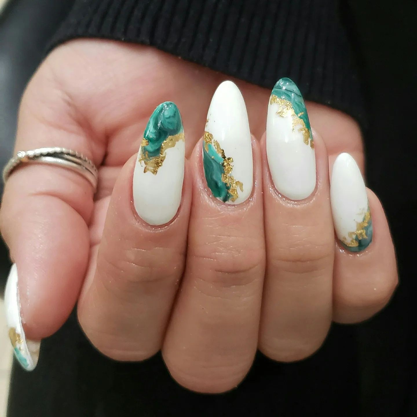 Green and White Marble Nails with Gold Accents