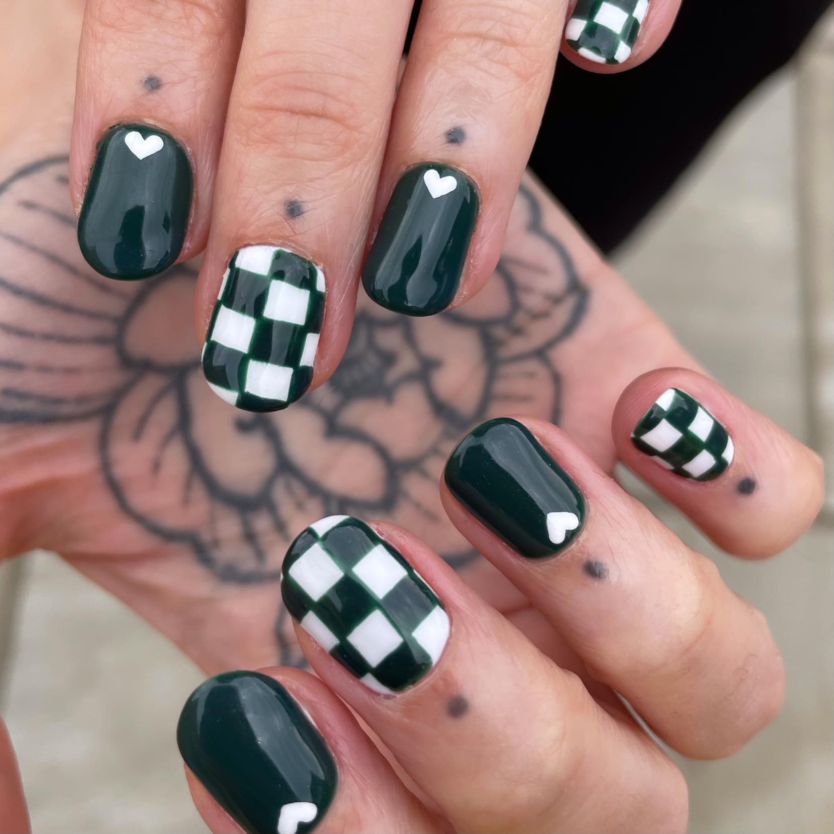 Green and White Checkerboard with Hearts