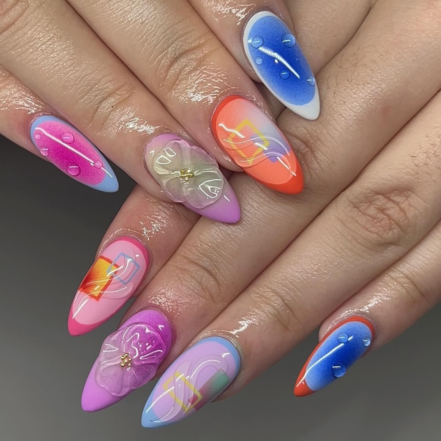 Vibrant Ombre Nails with 3D Flowers