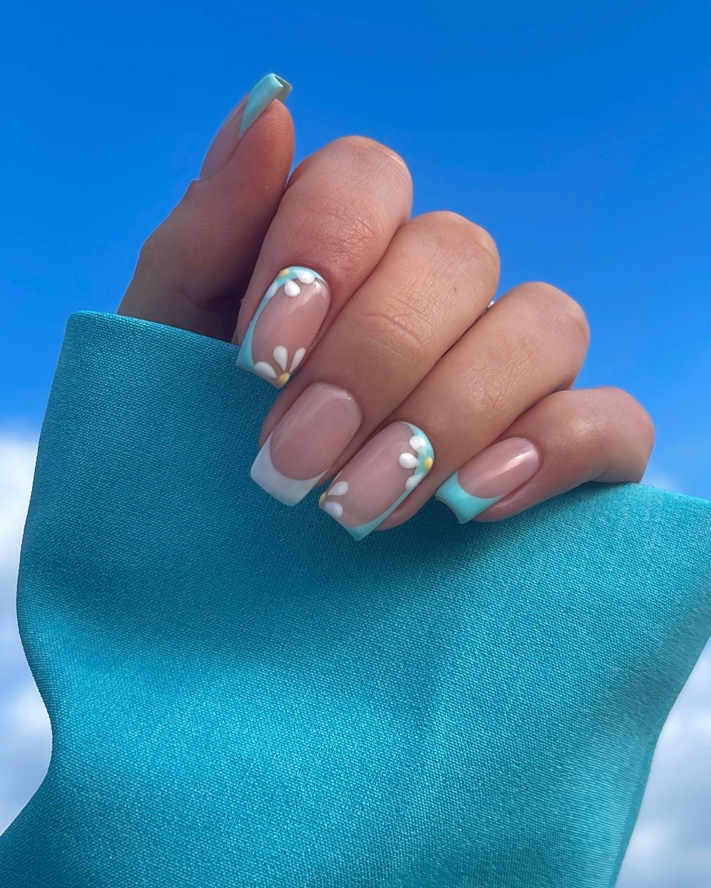 Sky Blue French Tips with Floral Accents