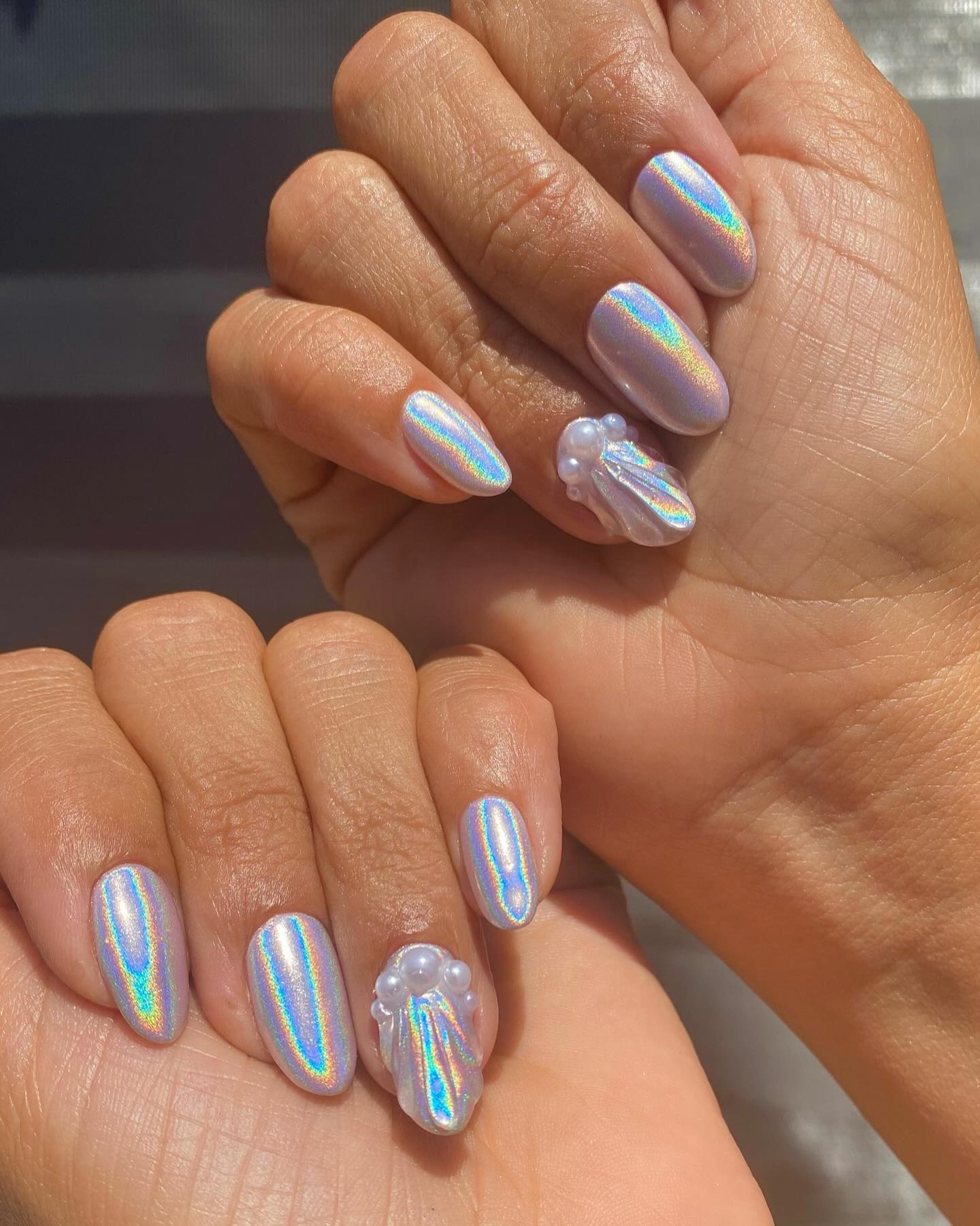 Pearl Embellished Holographic Nails