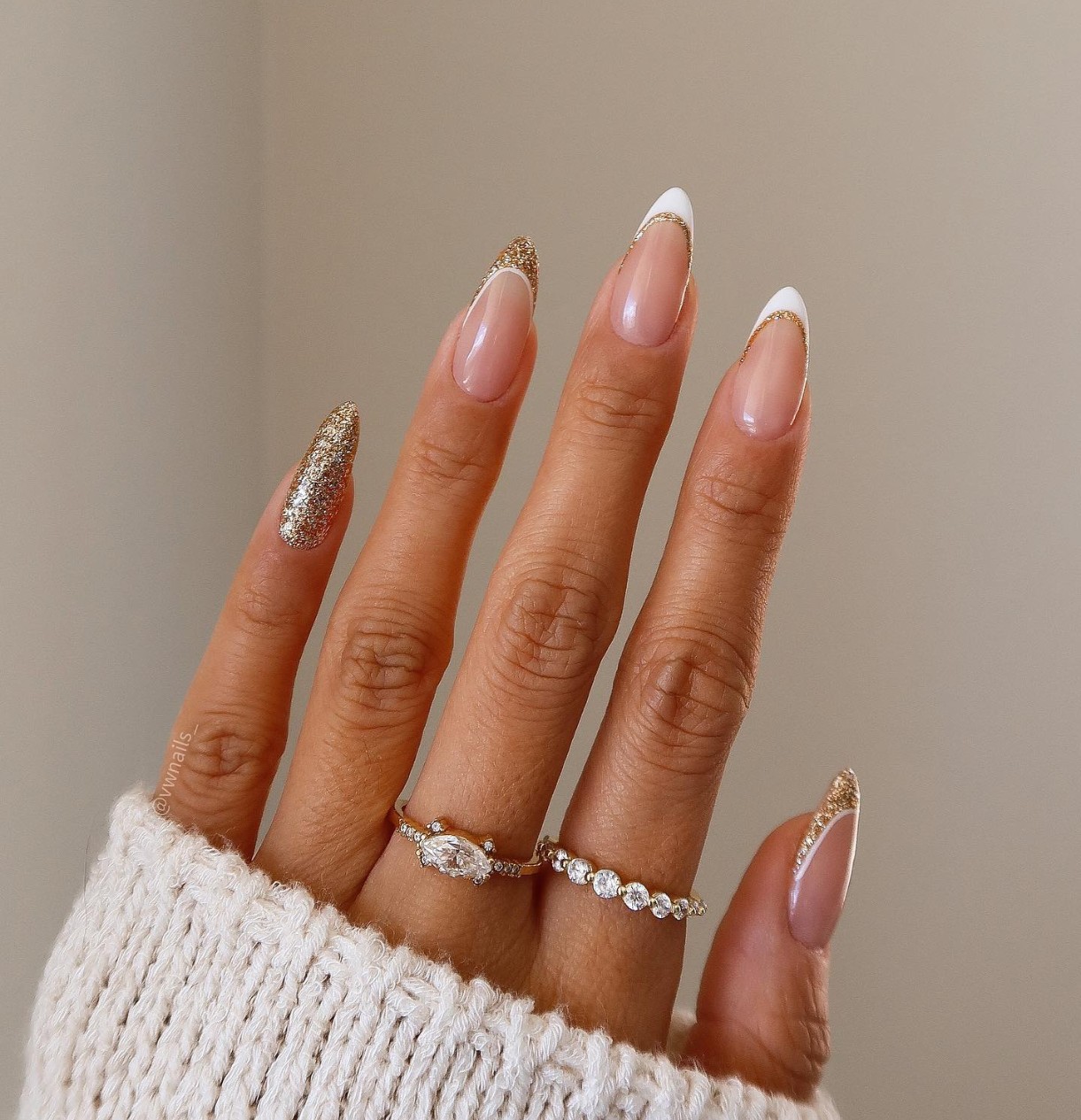 Sparkling Elegance: Golden Glitter and White Tips