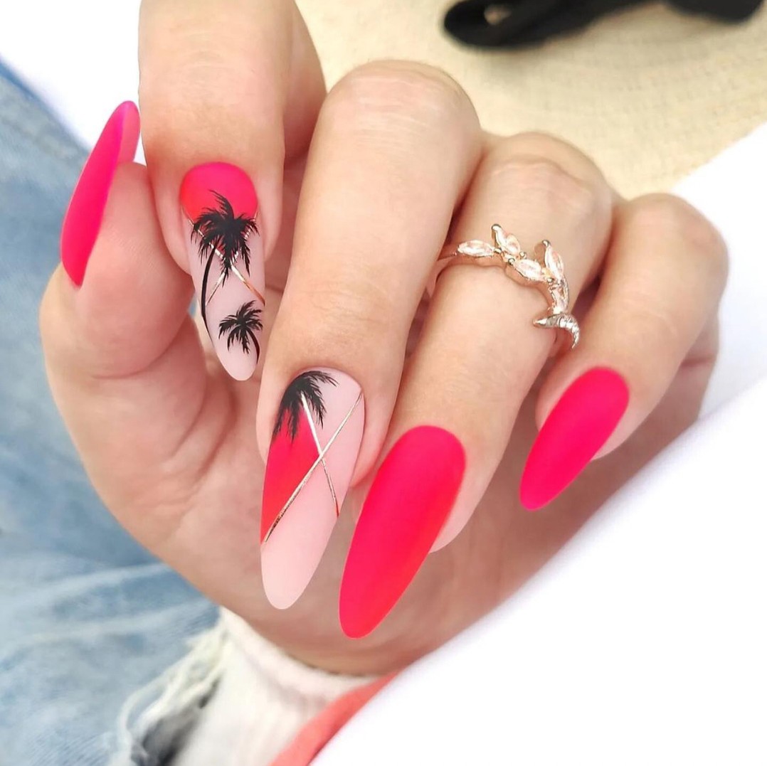 Tropical Escape: Bright Pink Nails with Palm Tree Art