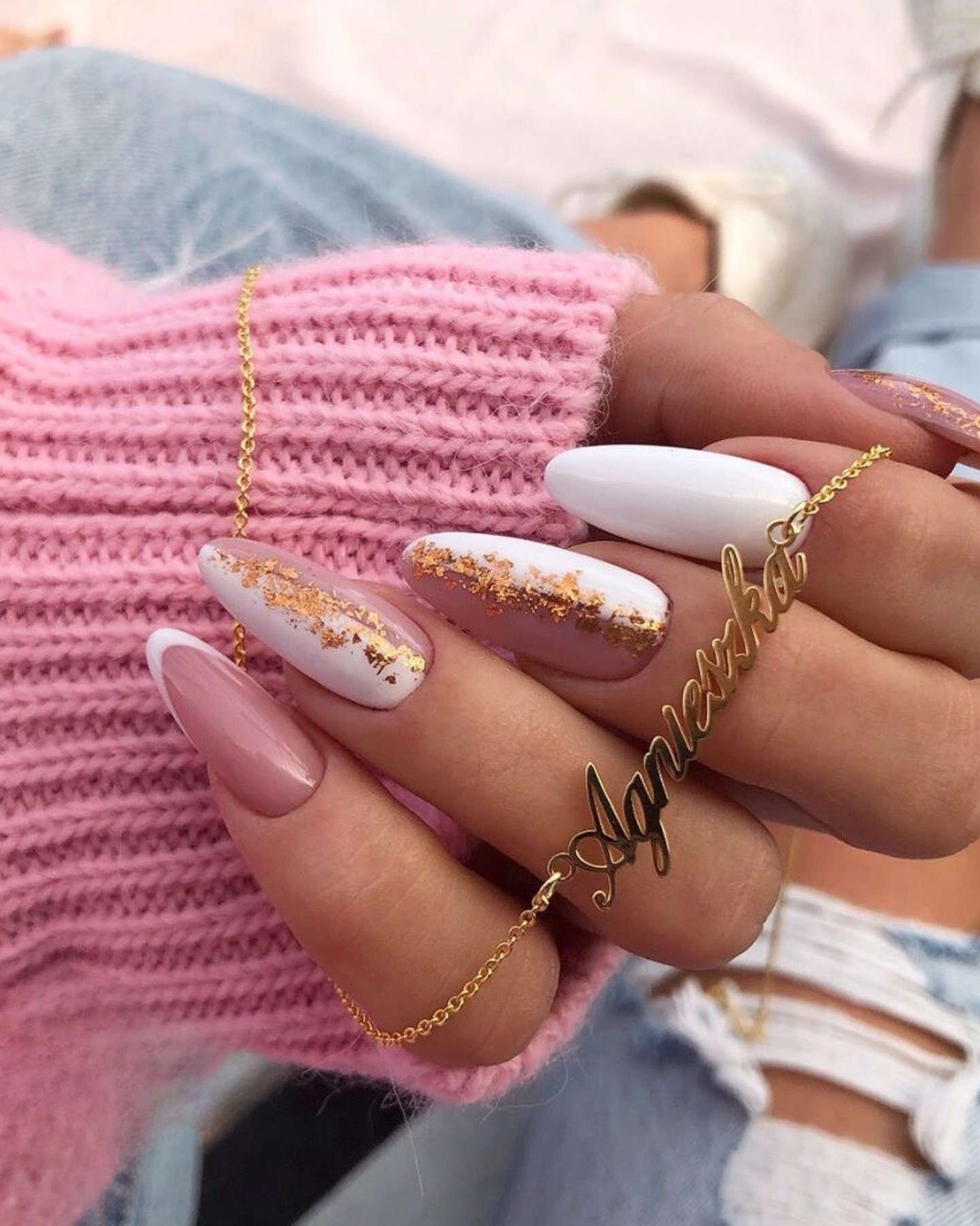 Glittering Pink and White Nails