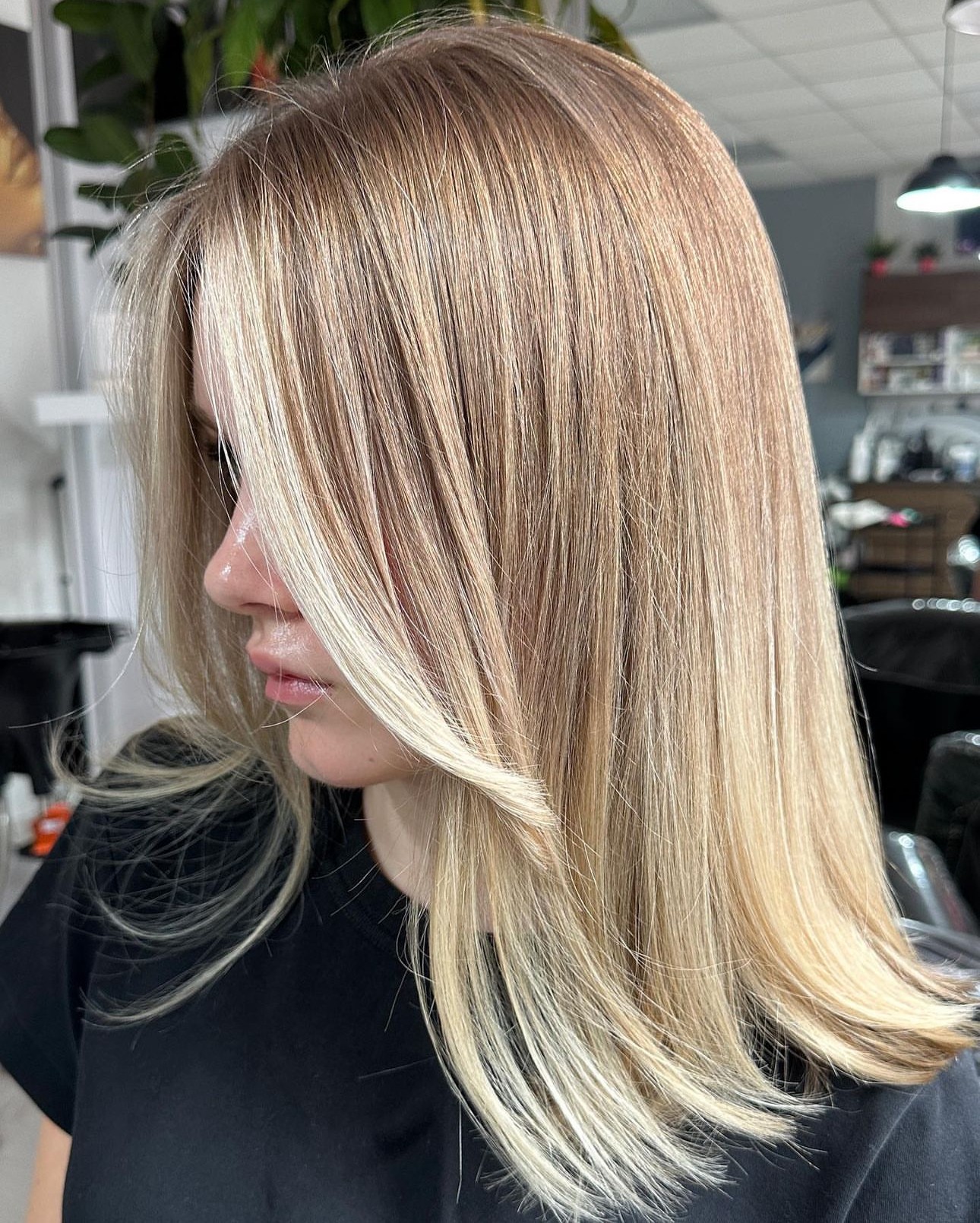 Medium Length Blonde with Caramel Balayage