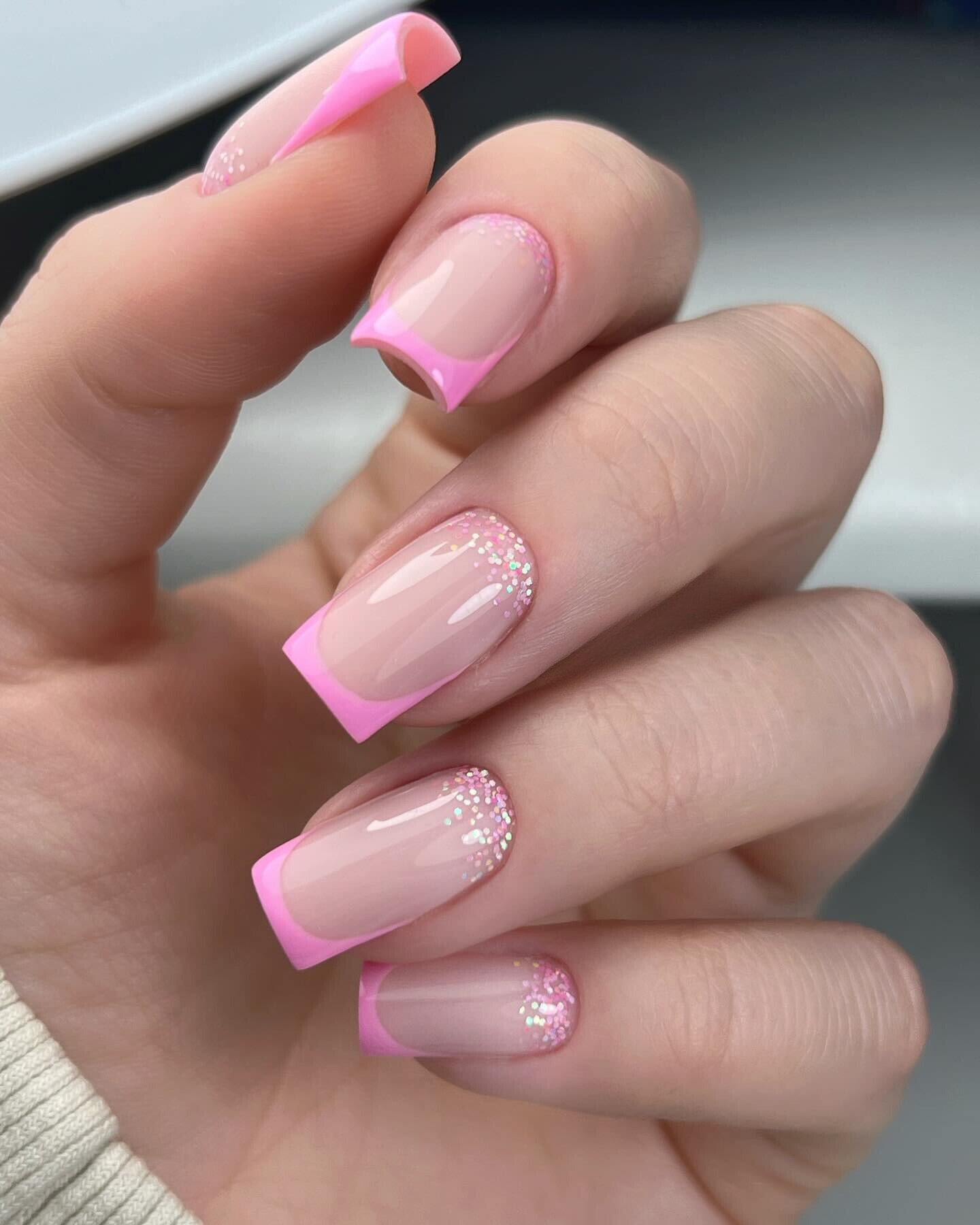 Bold Pink with French Tips and Glitter