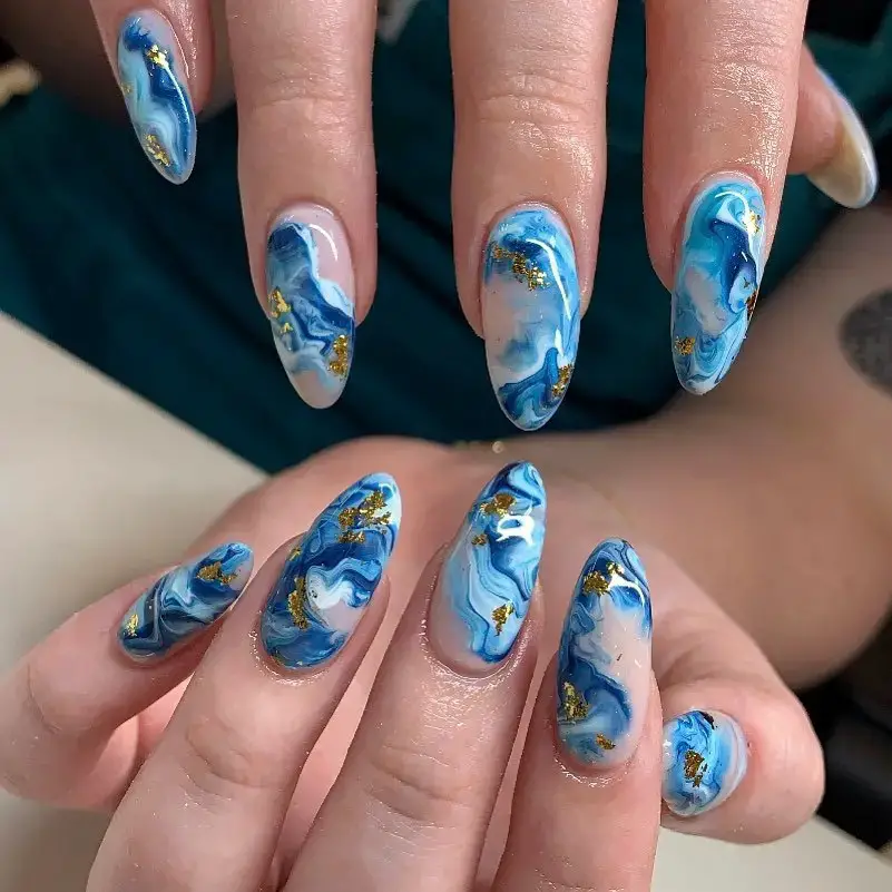 Blue Marble Nails with Gold Foil