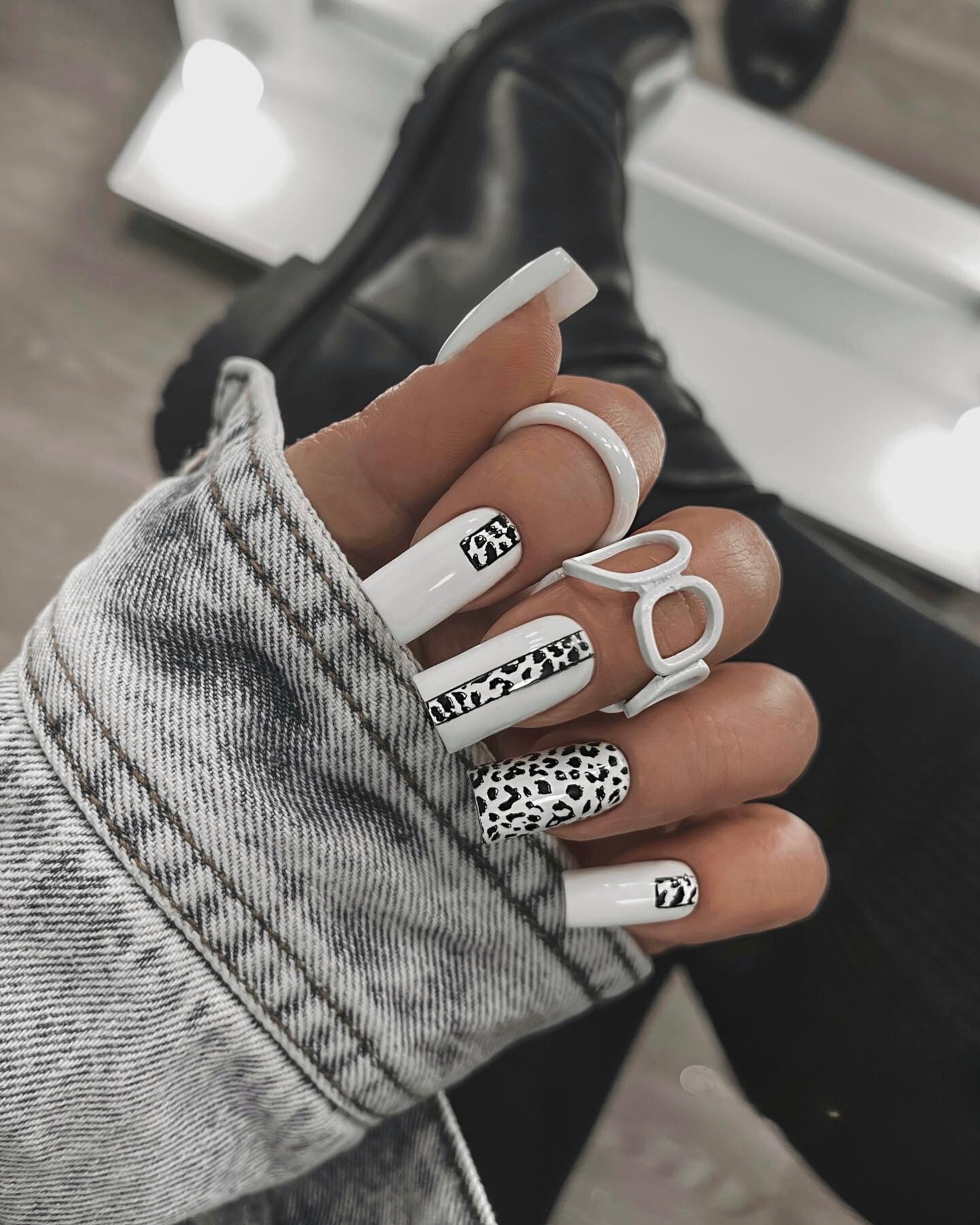 Bold Animal Print White Nails