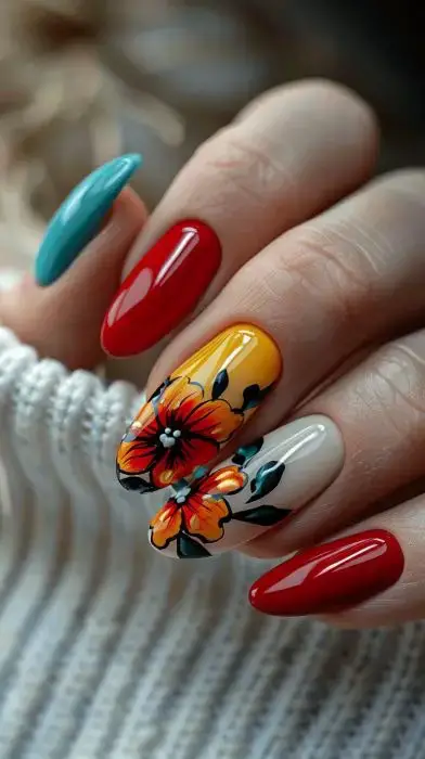 Multicolor Floral French Tips