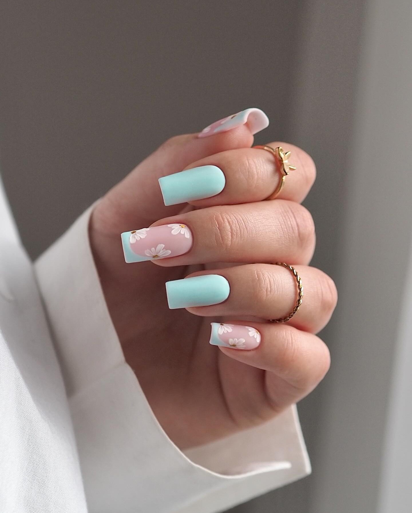 Pastel Blue and Pink Floral Nail Art