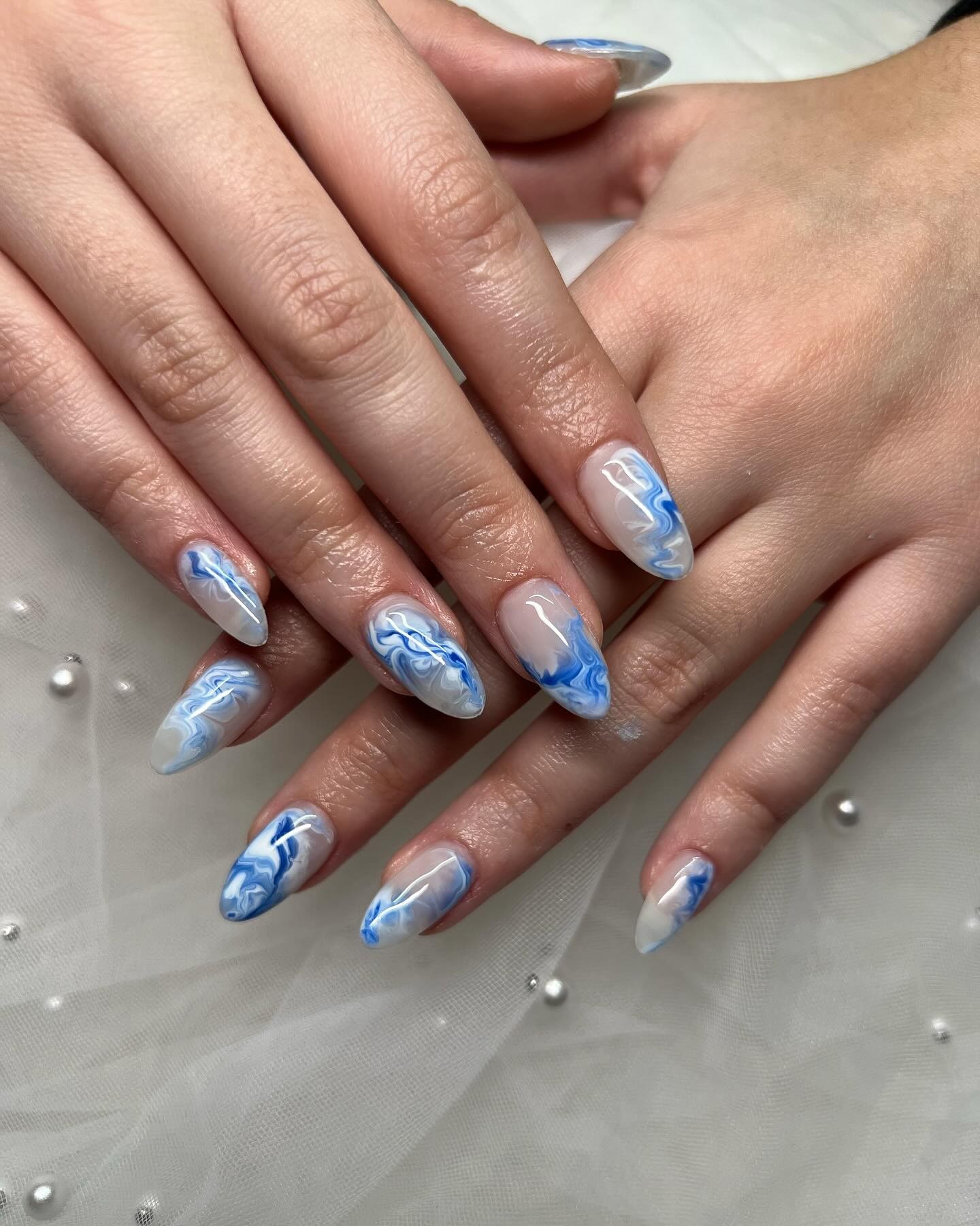 Blue and White Marble Nails