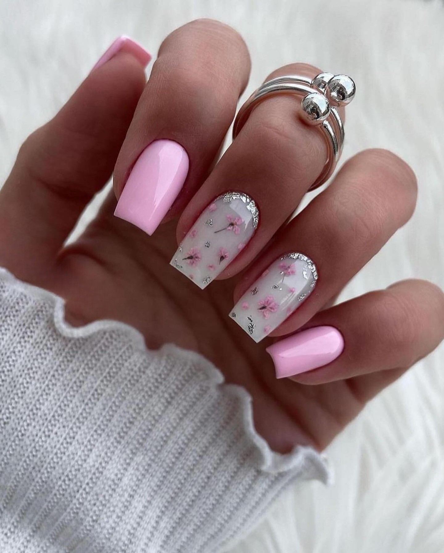 Soft Pink Nails with Silver and Pink Floral Designs