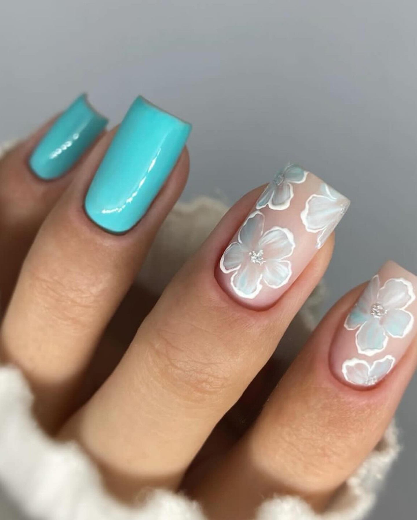 Turquoise and Floral Nail Art