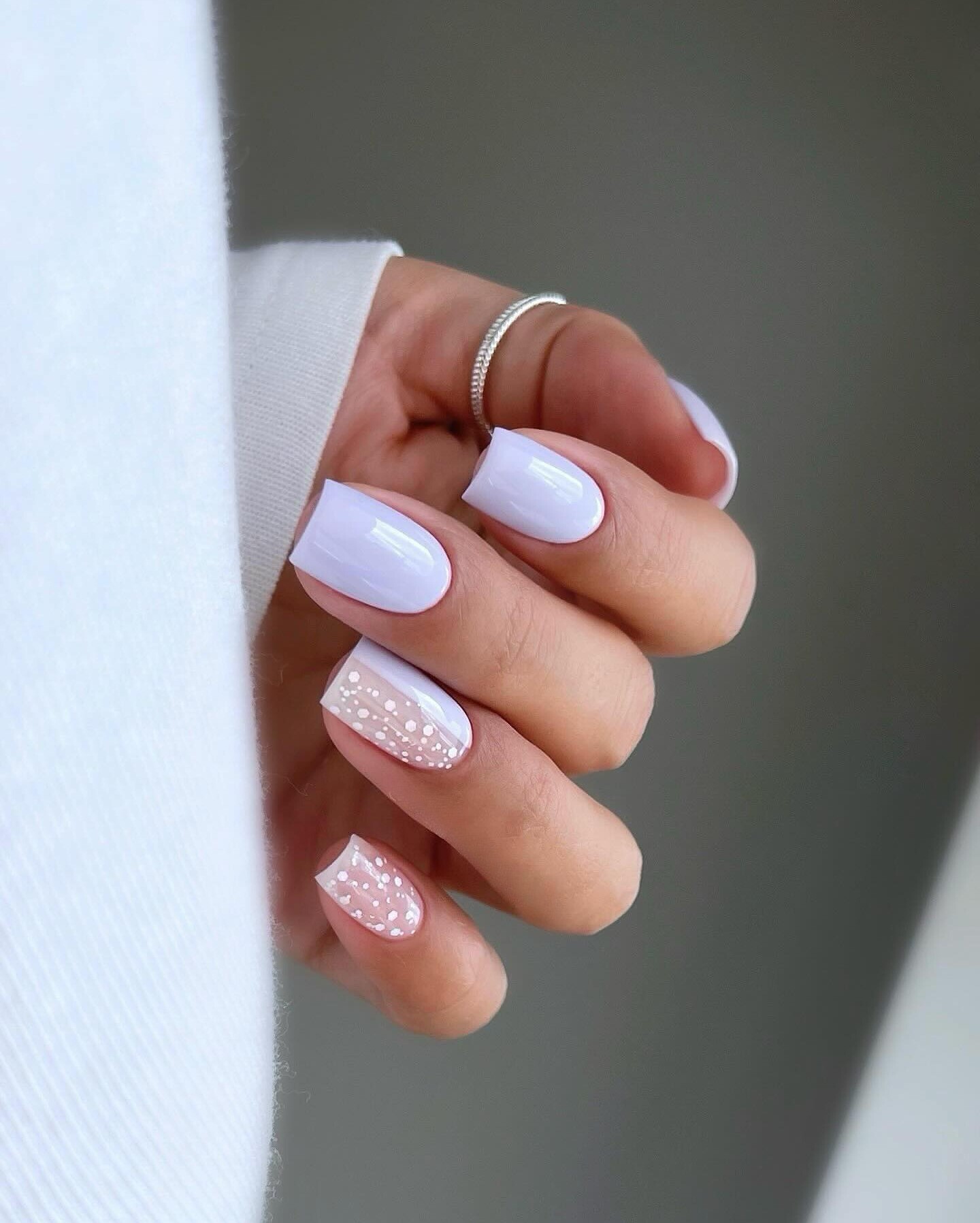 Lavender and White Nails with Polka Dot Design