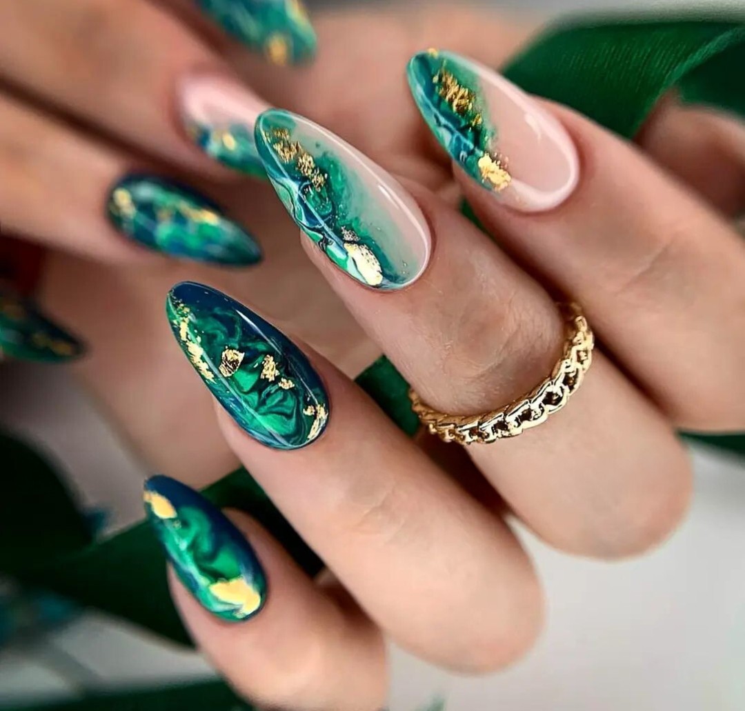 Green Marble Nails with Gold Accents