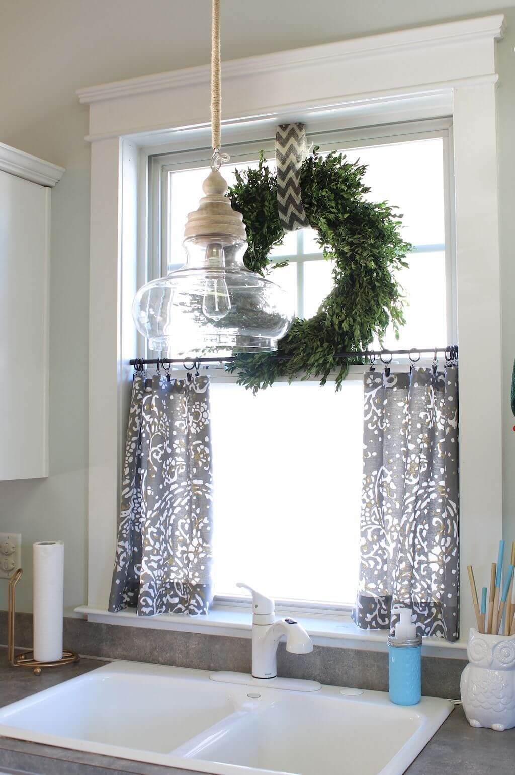 Dove Gray Café Curtains and a Wreath