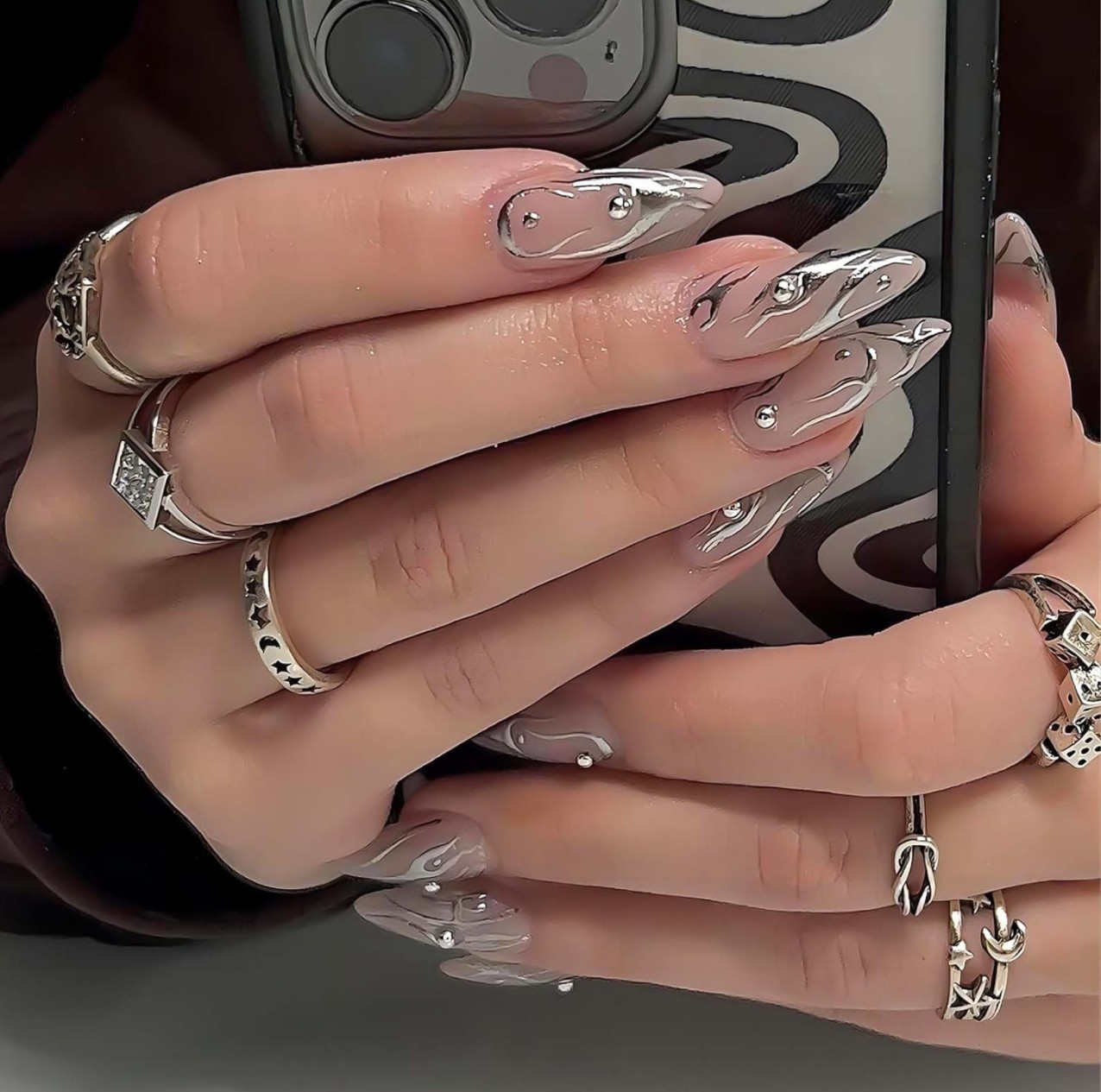 3D Silver and Clear Nails