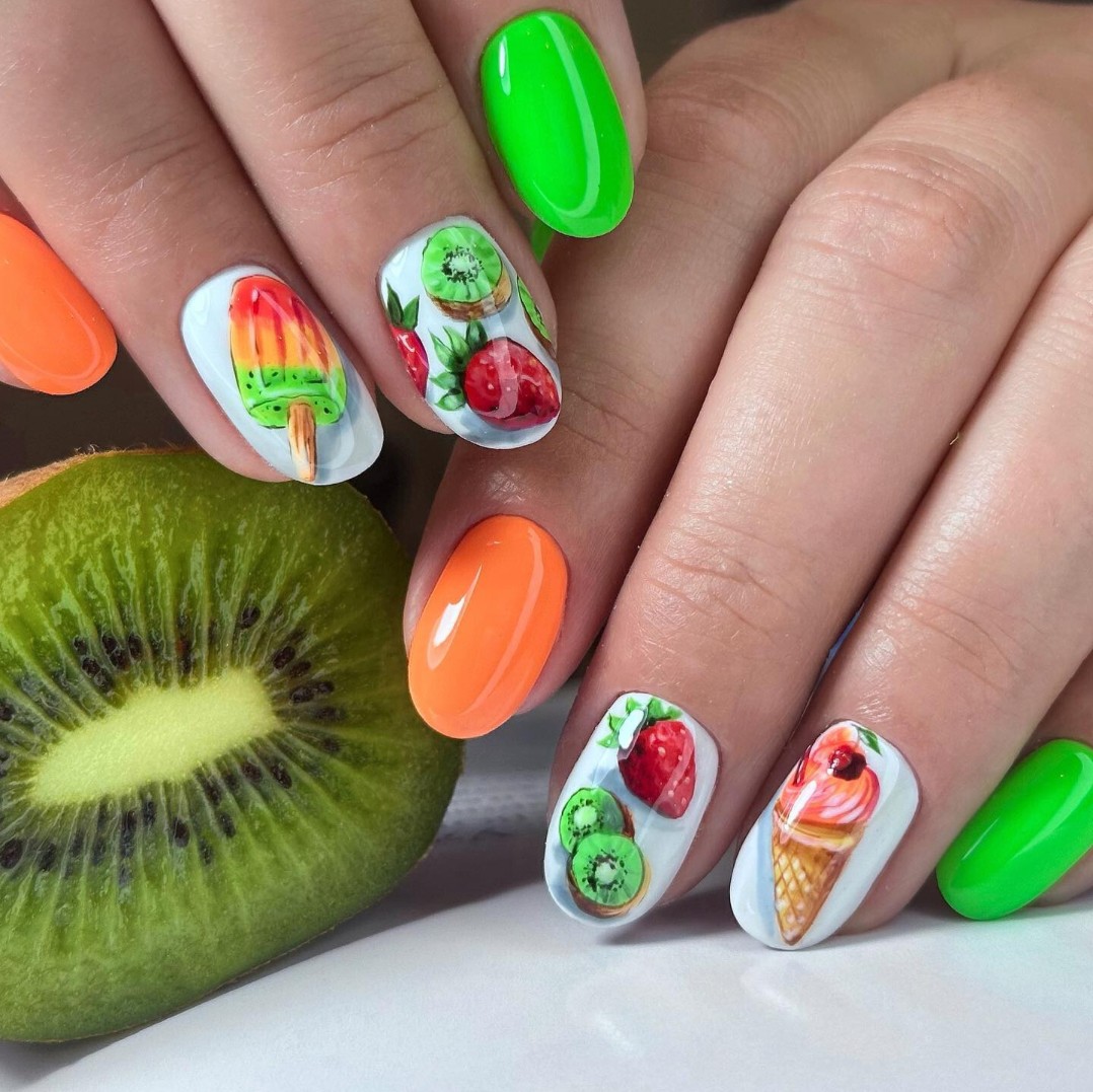 Fresh and Fruity: Acrylic Short Almond with Fruit Designs