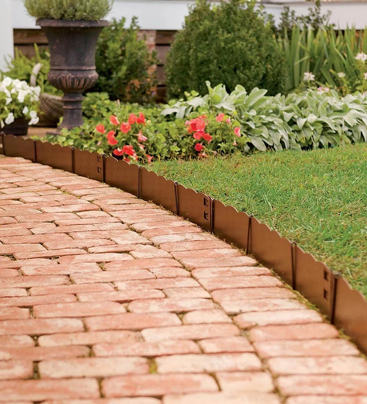 Short Scalloped Copper Edge Along Brick Path