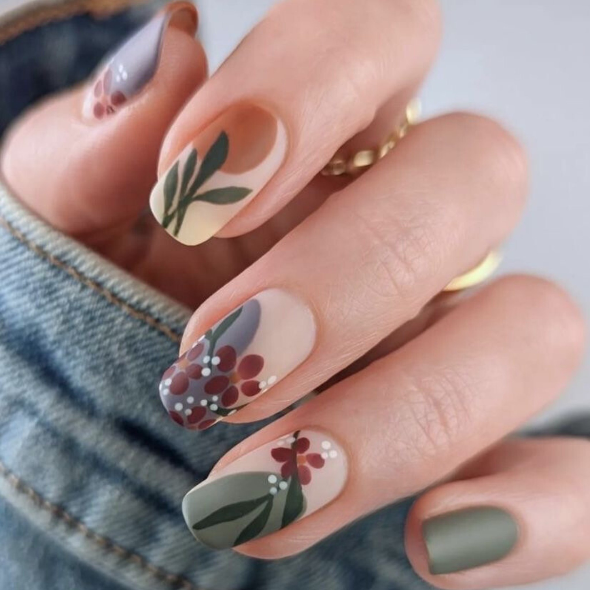 Fall Floral Green Nails