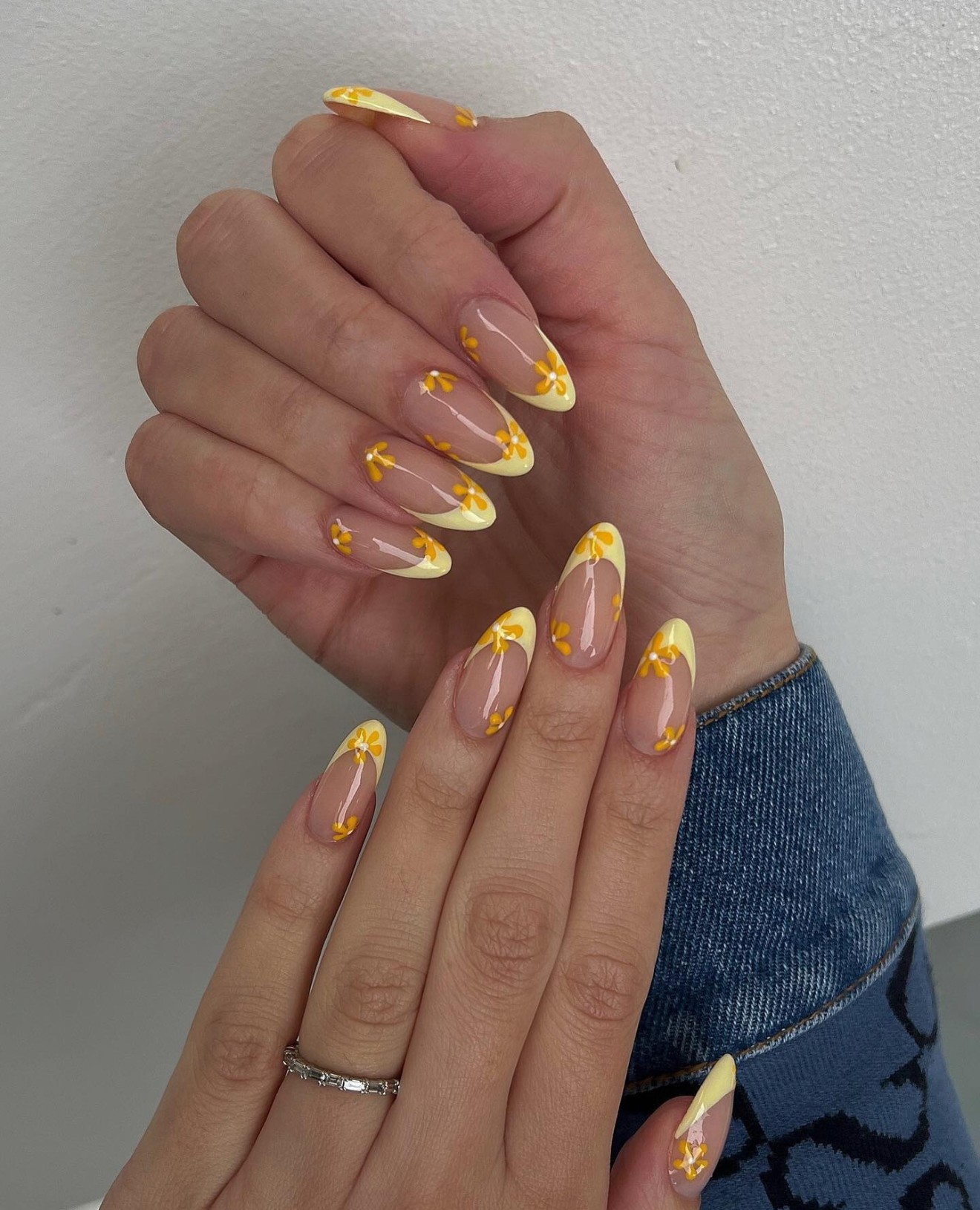 Yellow French Tips with Floral Accents