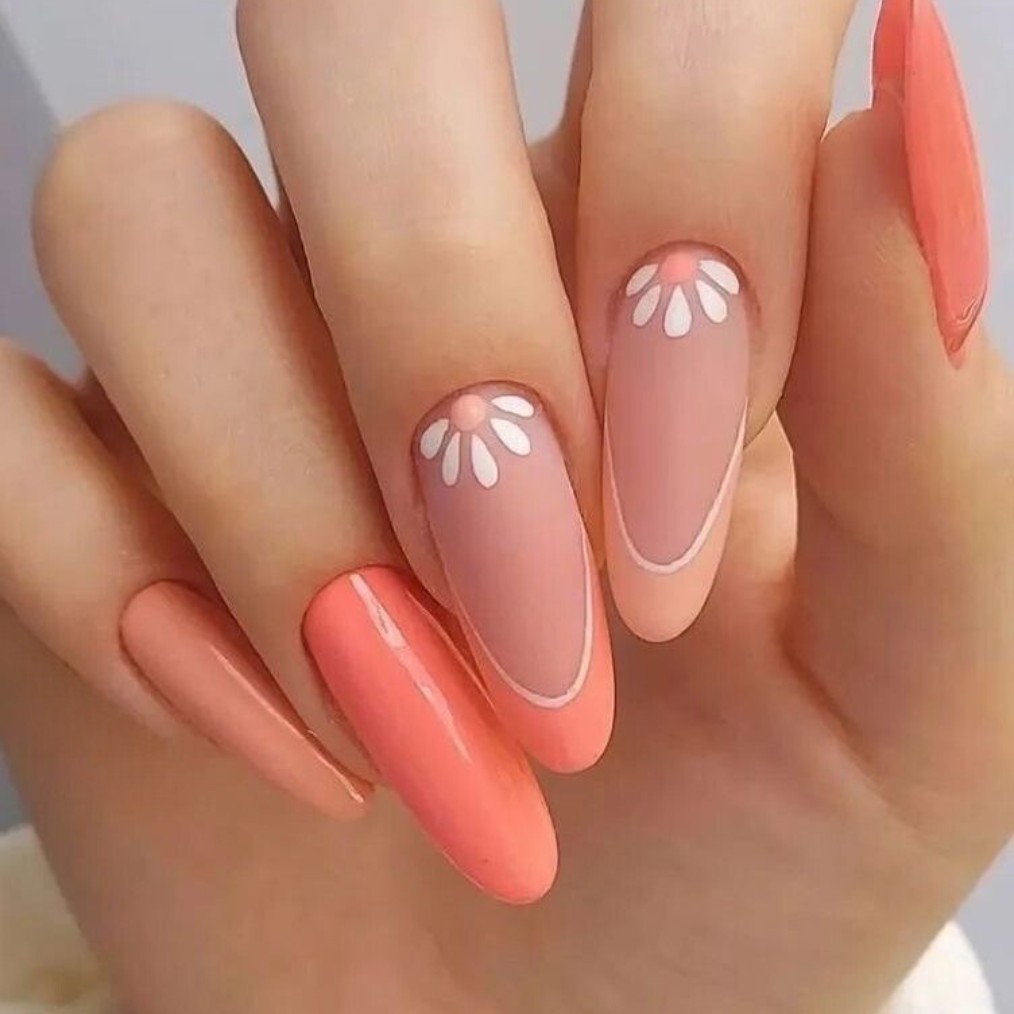 Coral Elegance with a Floral French Tip