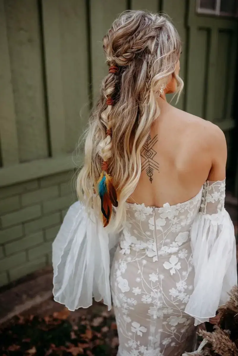 Long Braids with Feather Accents