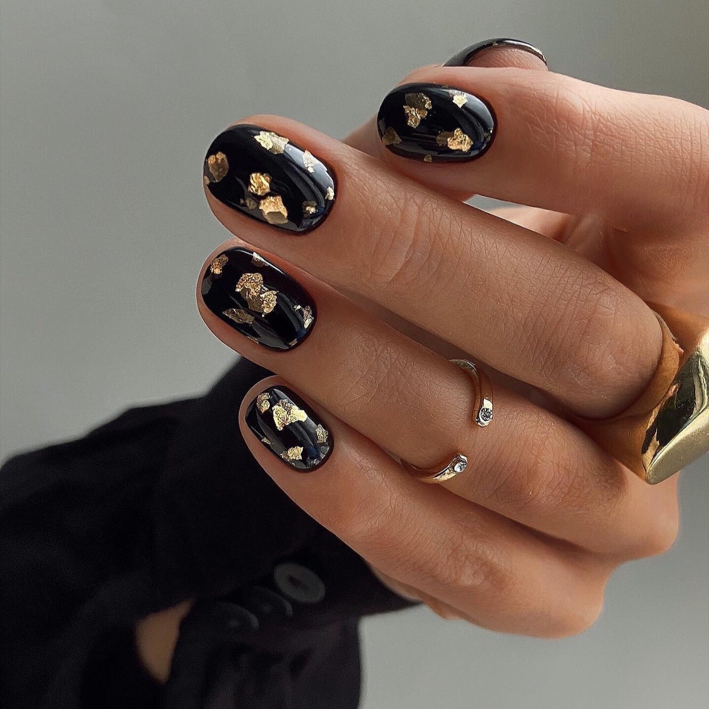 Black Nails with Gold Flakes