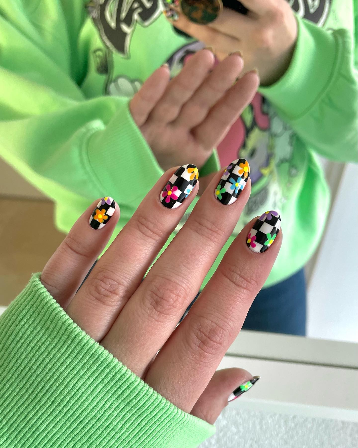 Floral Checkerboard Nails