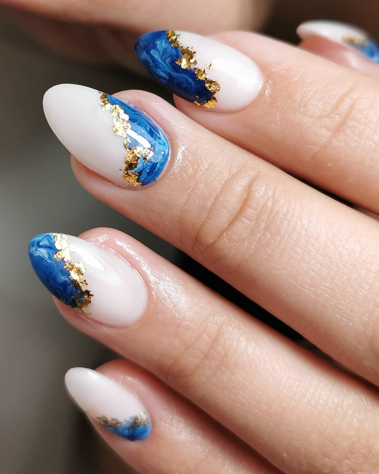 Royal Blue and Gold Marble Nails