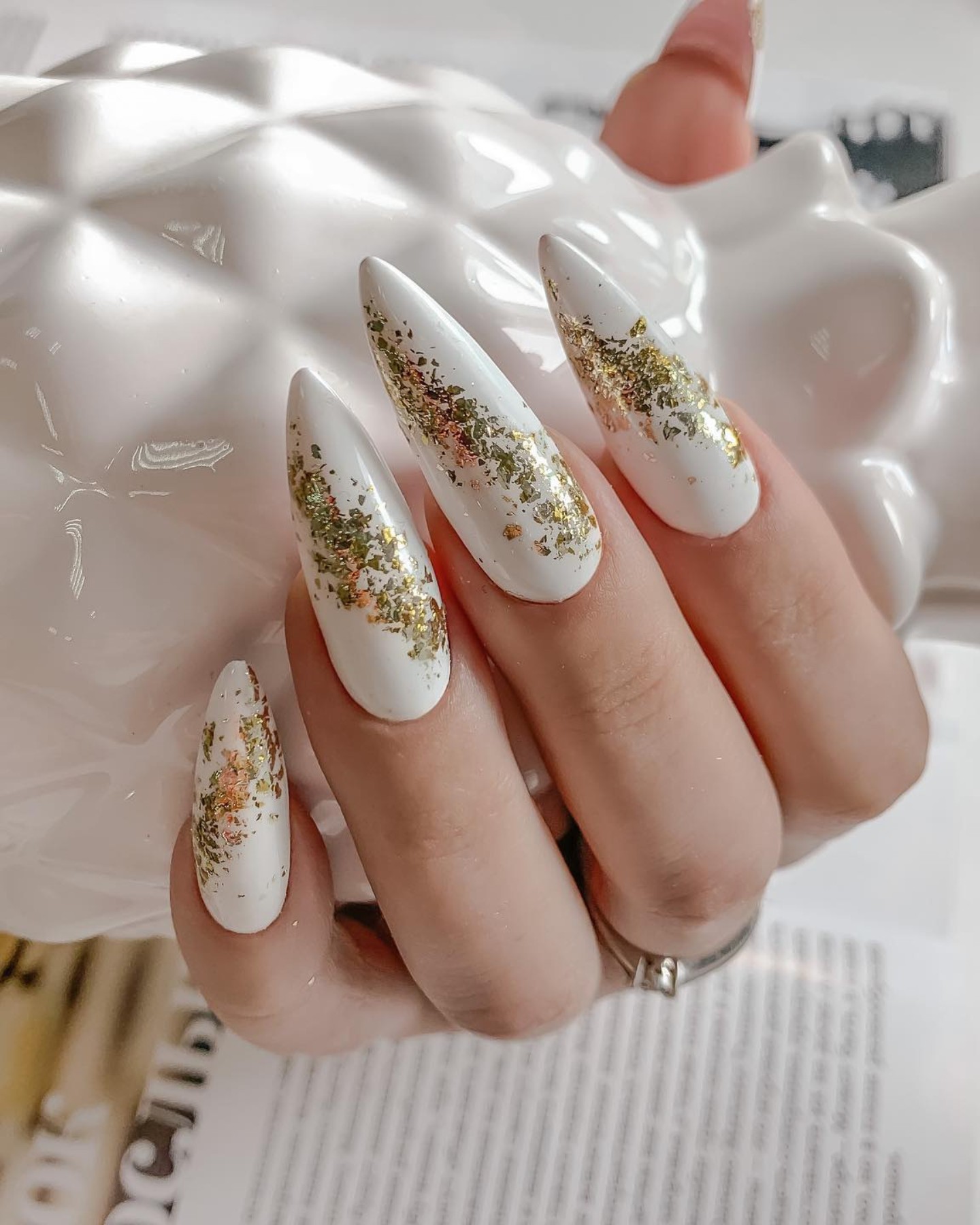 Glittering Gold and White Nails