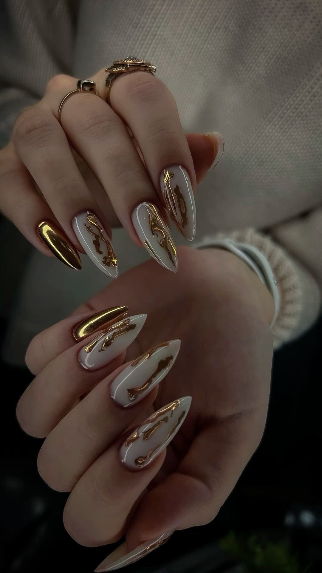 Gold and White Abstract Nails