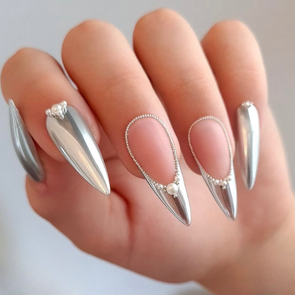 Bold Silver and Pearl Accent Nails