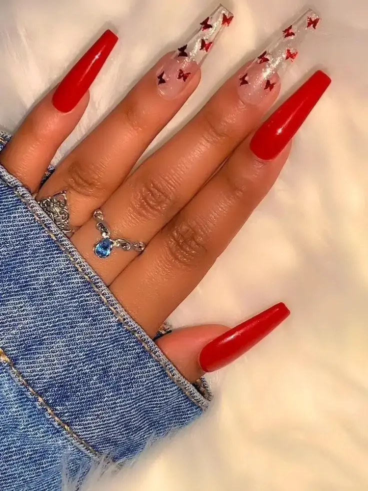 Star-Studded Night: Red and Stars Long Nails