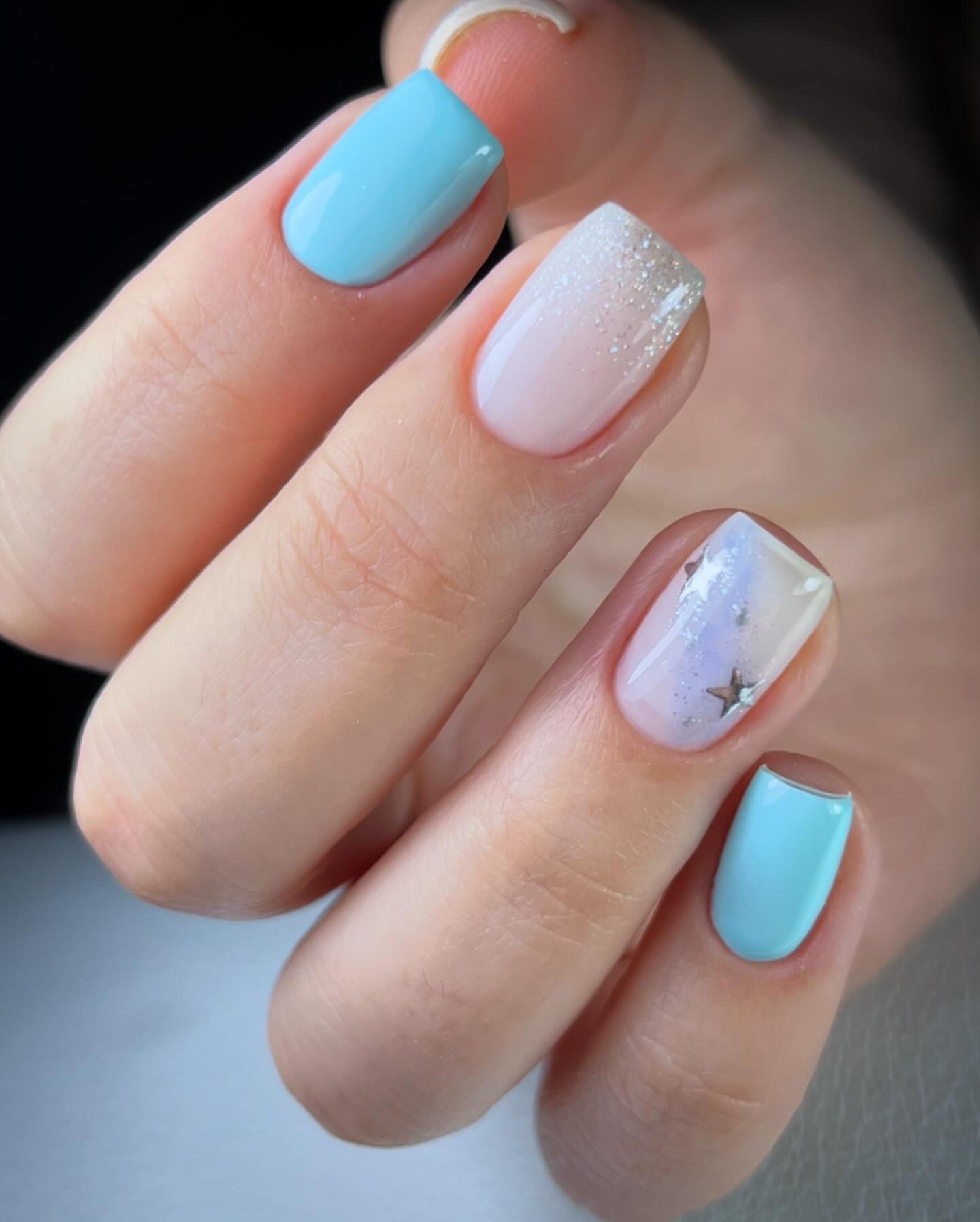 Pastel Blue and Glitter Gradient Nails