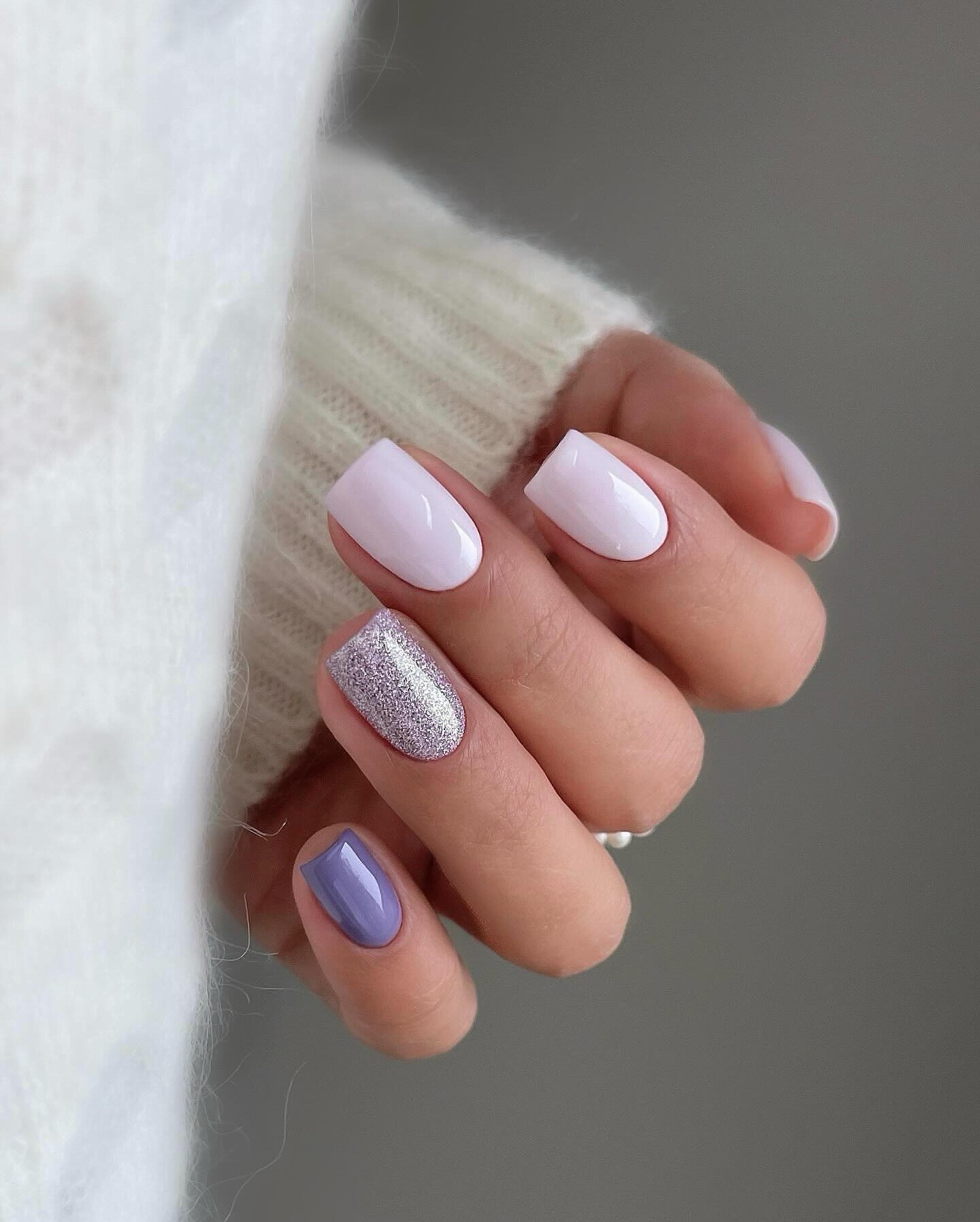 White and Silver Nails with Lavender Accent