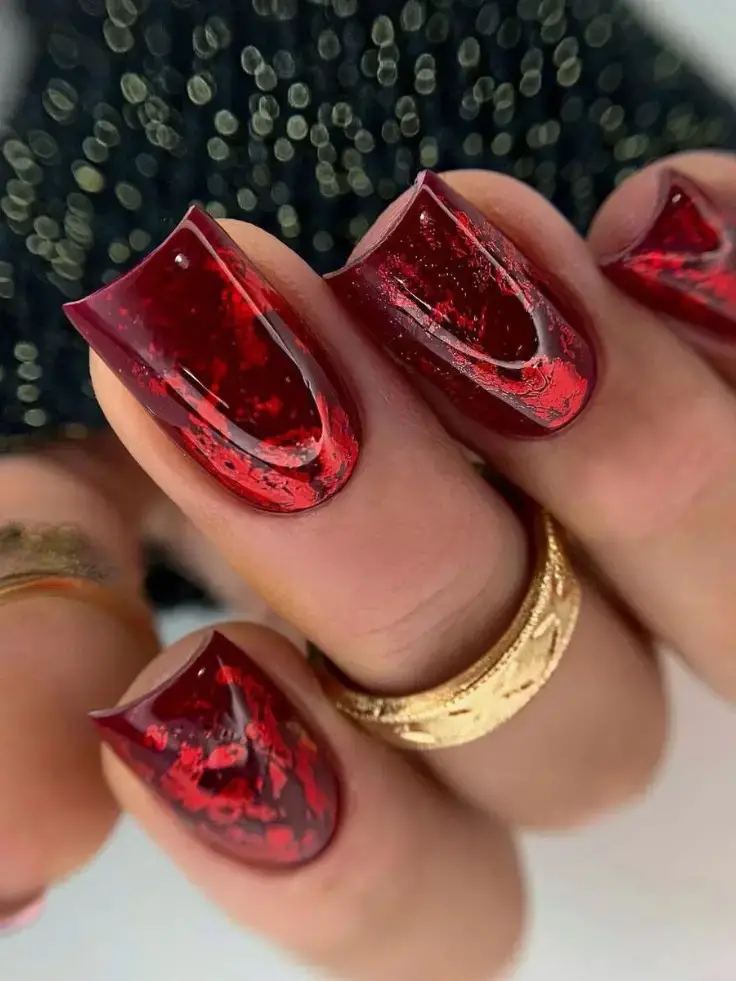 Jeweled Opulence: Red and Crystal Coffin Nails