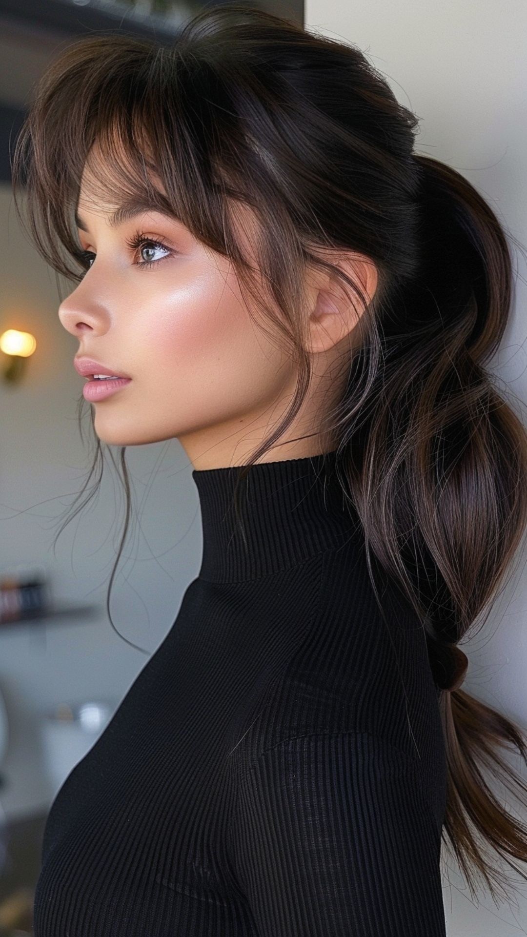 Casual Low Ponytail with Wispy Bangs