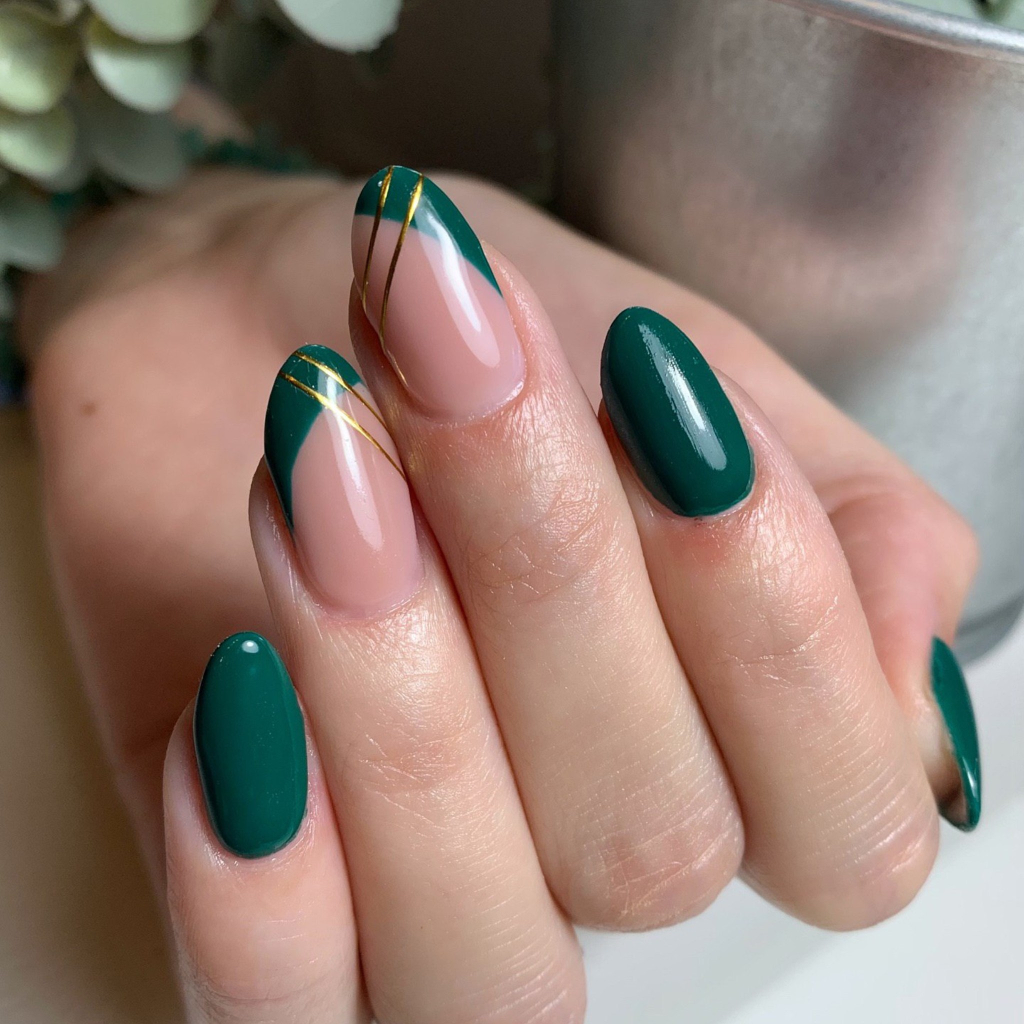 Geometric Gold and Green Nails