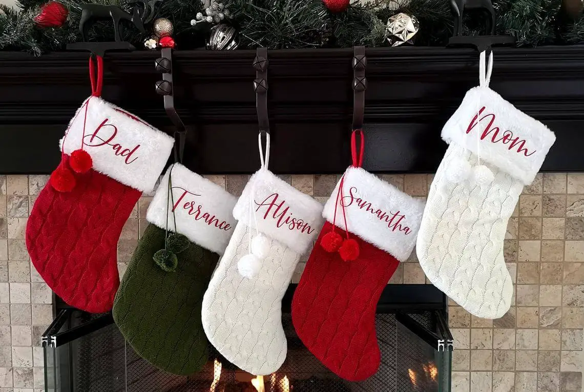 Red, White, and Olive Cable Knit Stockings