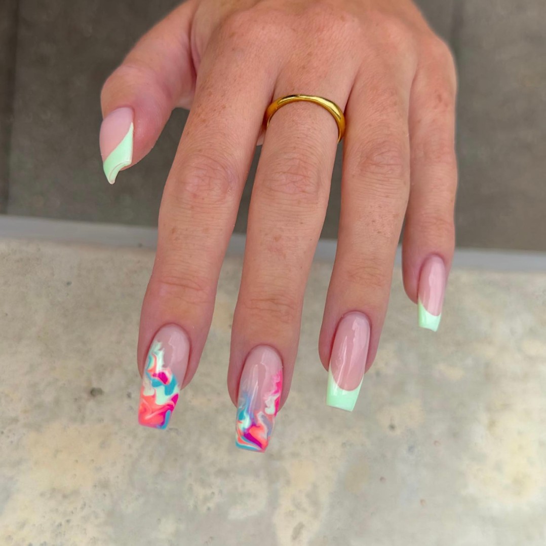 Pastel Perfection: Acrylic Nails with Marbled Accent