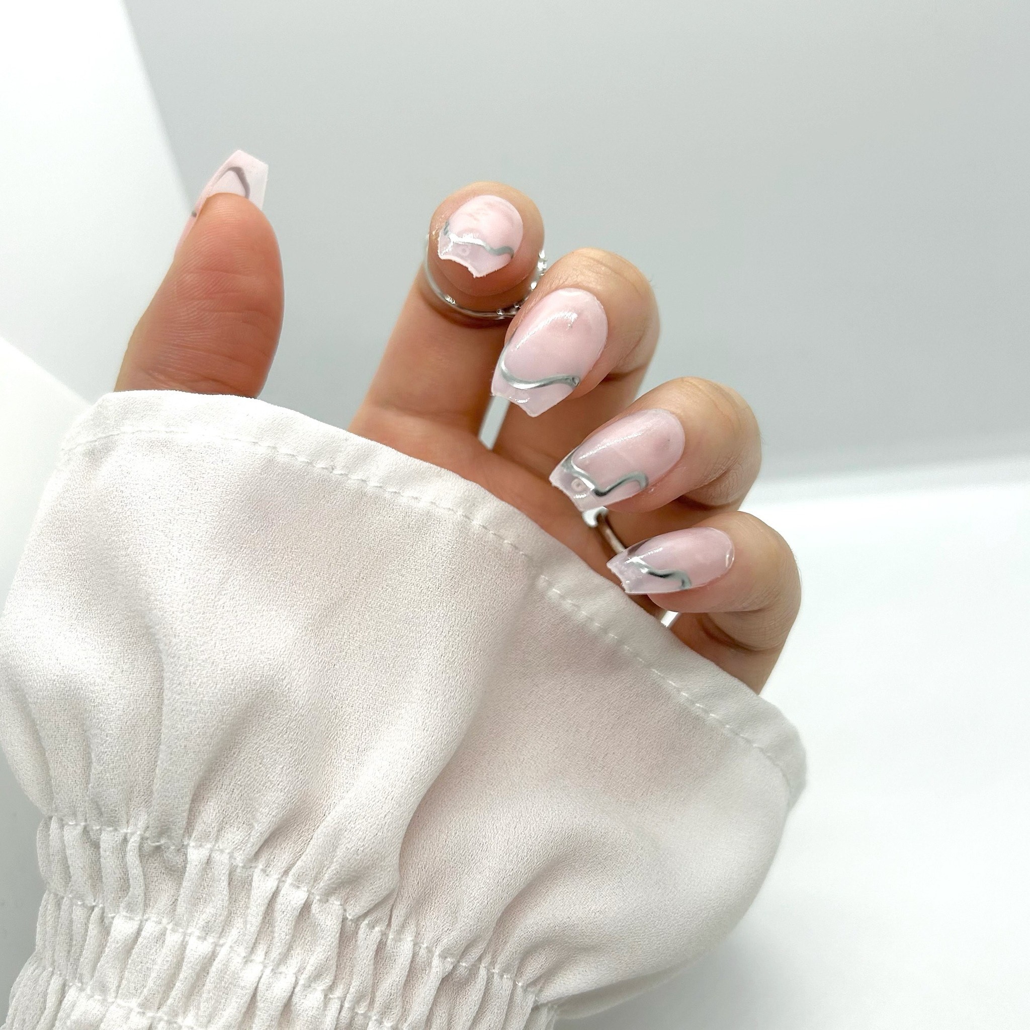 Abstract Silver and Pink Nails